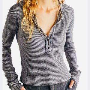 Gray Waffle Knit Long Sleeve Top